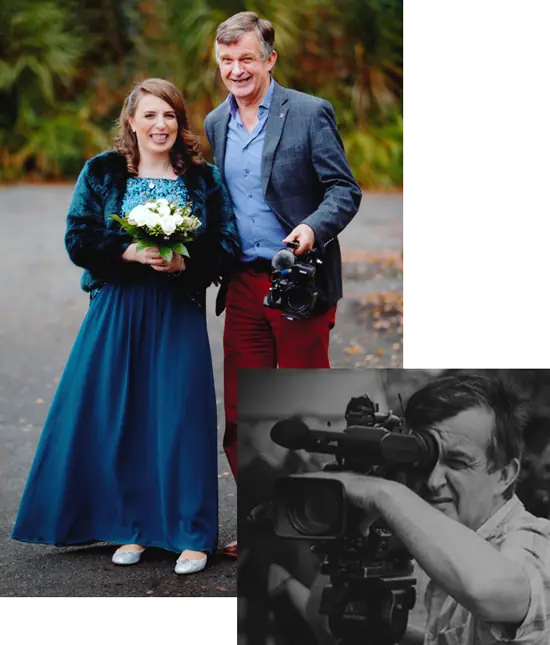 Dan Devane, wedding videographer in Kerry, with a bride and filming with his camera